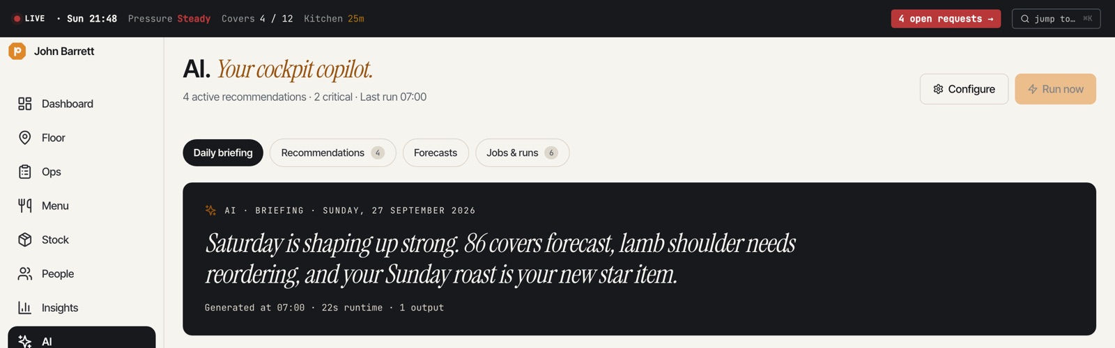 Pewter Insights: an AI daily briefing summarising the forecast, reordering and star dishes